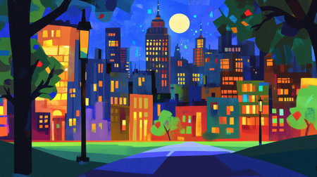 A captivating cityscape illustration showcasing a vibrant skyline under a full moon, surrounded by lively trees and colorful lights, evoking a serene evening atmosphere.の素材