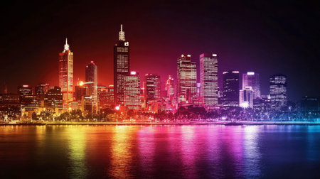 A stunning night view of a modern city's skyline, showcasing vibrant lights and reflections on the water. Perfect for travel and urban landscape themes.の素材