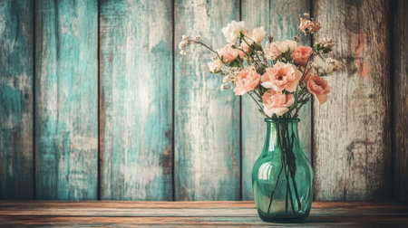 A charming floral arrangement features delicate flowers in a green vase, set against a rustic wooden background. This vintage-style image brings a touch of elegance and tranquility to any decor.の素材
