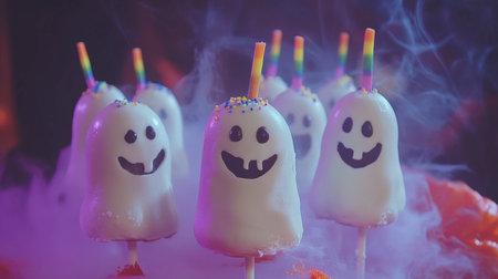 Delight in these colorful ghost treats, perfect for Halloween celebrations. Featuring cheerful faces and vibrant colors, they bring joy to any party.の素材
