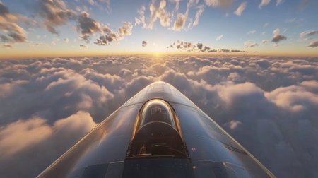 Experience a stunning aerial view from an airplane wing, showcasing fluffy clouds and a breathtaking sunset. Perfect for travel and aviation enthusiasts.の素材