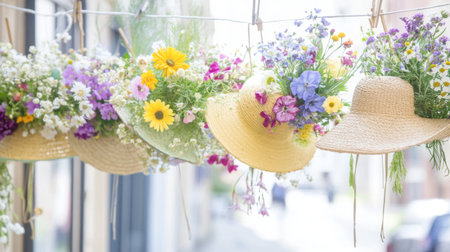 A charming display of straw hats adorned with vibrant flowers, creating a delightful outdoor scene that showcases nature's beauty and creativity.の素材