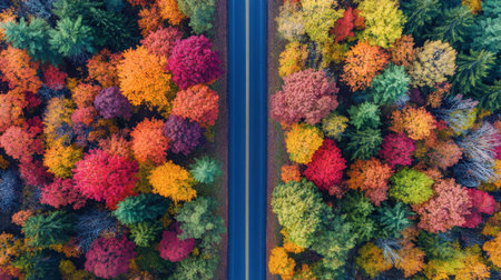 Aerial view showcasing a vibrant road flanked by colorful autumn trees. This scenic landscape captures the beauty of changing leaves in bright hues of red, orange, and yellow.の素材
