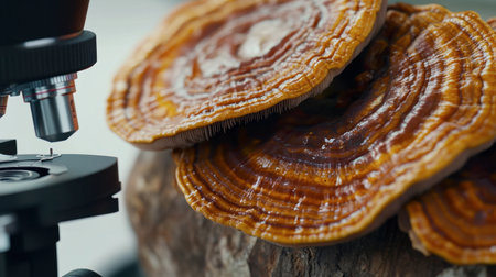 Close-up view of vibrant fungi specimens under a microscope, showcasing their intricate texture and colors. Ideal for science and nature themes.の素材