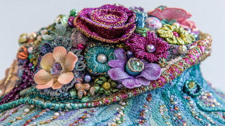 This image showcases intricate floral embroidery on fabric, featuring vibrant colors and delicate details that highlight the beauty of handmade artistry and creativity.の素材