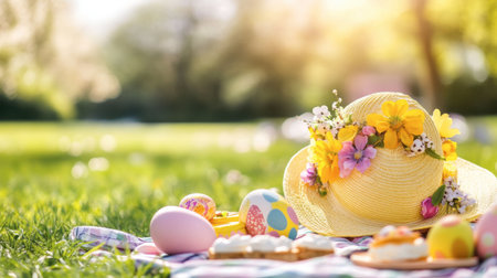 A vibrant Easter picnic scene featuring a decorated hat, colorful eggs, and flowers on a sunny grassy field. Perfect for spring celebrations.の素材