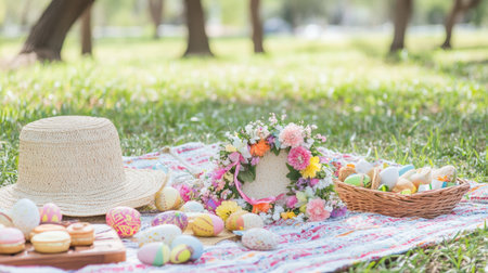 A vibrant spring picnic scene featuring colorful Easter eggs, a floral arrangement, and a straw hat set on a grassy field, perfect for festive celebrations.の素材