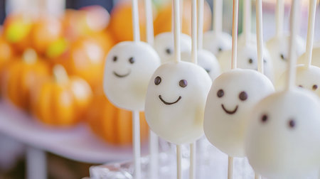 Delightful ghost lollipops featuring smiling faces, perfect for Halloween celebrations. Ideal for parties, events, or festive treats to amuse children.の素材