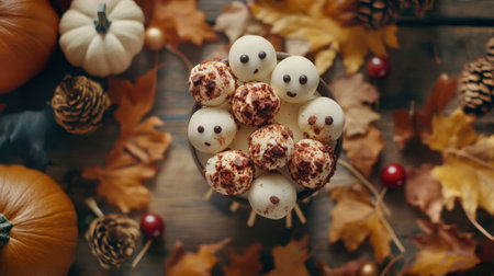 A charming display of festive treats surrounded by autumn leaves, pumpkins, and pinecones. Perfect for seasonal celebrations and gatherings.の素材