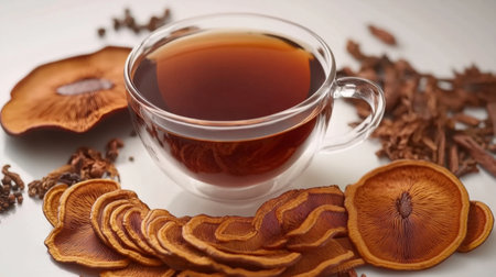 A glass cup filled with rich herbal tea, surrounded by dried slices and spices. This image conveys warmth, relaxation, and natural wellness.の素材
