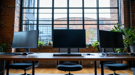Bright and modern office workspace featuring large windows, plants, and sleek desks. Ideal for showcasing creativity, productivity, and contemporary design.の素材