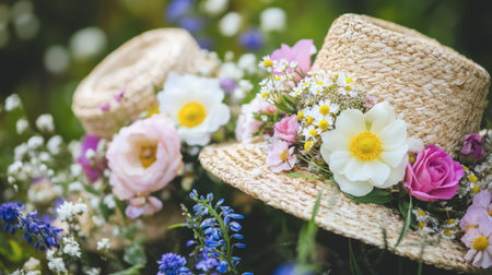 Two beautiful straw hats adorned with vibrant flowers rest among a field of wildflowers, embodying the essence of summer and rustic charm.の素材