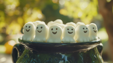 A charming display of cute ghost-shaped candies in a vibrant green bowl, perfect for festive Halloween decorations and joyful seasonal celebrations.の素材