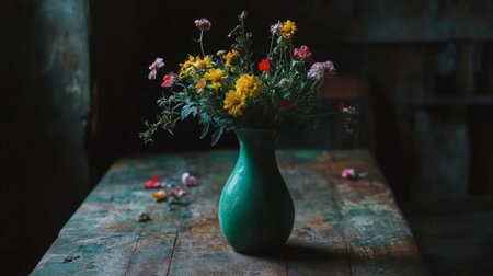 A vibrant arrangement of colorful flowers in a green vase on a rustic wooden table, offering a serene and charming atmosphere for home decor or art projects.の素材