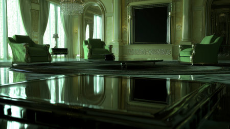 A stunning luxury interior featuring green chairs and opulent decor. The elegant design showcases a glossy table and beautiful lighting, creating a serene ambiance.の素材