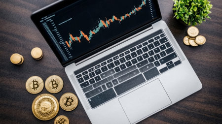 A laptop displaying cryptocurrency trading data with coins, symbolizing modern financial analysis and investment strategies in digital assets.の素材
