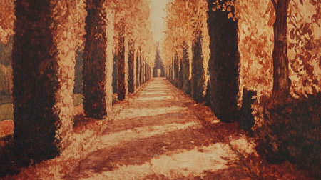 A captivating view of a serene path flanked by tall trees with warm autumnal hues, inviting exploration and showcasing the beauty of nature.の素材