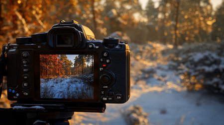 A camera captures a stunning winter landscape, showcasing vibrant trees blanketed in snow. The warm sunlight filters through, highlighting the serene beauty.の素材