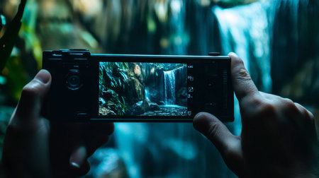A person captures a stunning waterfall with a smartphone, highlighting the blend of nature and technology. The scene showcases natural beauty and tranquility.の素材