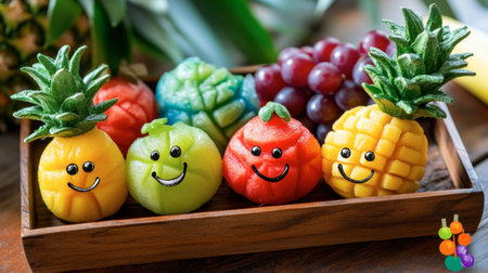 A vibrant wooden tray filled with creatively sculpted fruits featuring cheerful faces. This playful display adds color and joy to any kitchen or dining table.の素材
