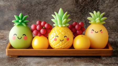 A charming arrangement of cheerful fruit toys featuring smiling faces. Perfect for decoration, kids' rooms, or playful kitchen aesthetics, these vibrant toys bring joy and color to any setting.の素材