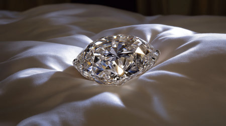 A stunning diamond resting on a soft, silky fabric, showcasing its brilliant facets and sparkle, perfect for themes of luxury and elegance in various design contexts.の素材