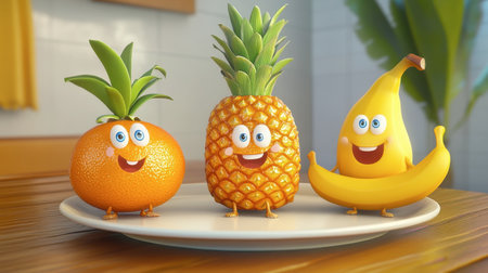 Playful cartoon fruits with smiling faces on a plate create a cheerful atmosphere in the kitchen. A delightful representation of healthy eating.の素材