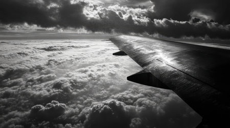 A striking black and white aerial view of an airplane wing over tumultuous clouds, capturing a sense of adventure and the beauty of flight.の素材