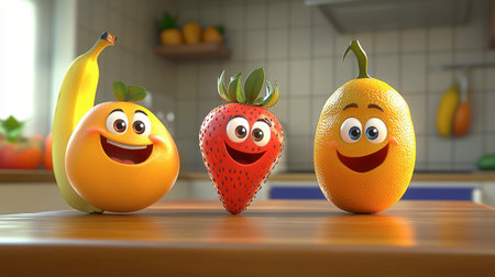 A vibrant and playful illustration of cartoon fruits smiling joyfully in a kitchen, perfect for children's themes and food-related projects.の素材
