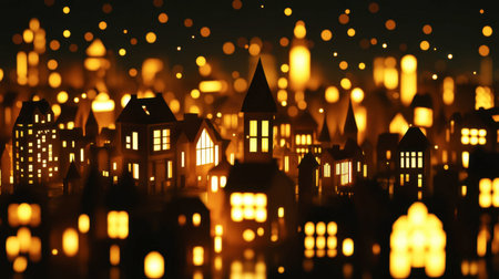 A stunning cityscape at night featuring illuminated buildings and warm glowing lights, creating a magical and cozy atmosphere perfect for festive visuals.の素材