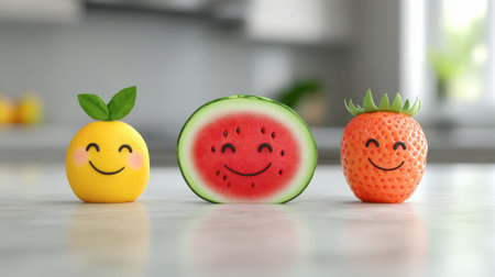A cheerful trio of animated fruit characters featuring a smiling lemon, watermelon, and strawberry, bringing joy and color to any kitchen setting.の素材