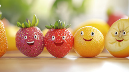 A delightful arrangement of cheerful fruit characters featuring strawberries and an orange, exuding joy and playfulness in a bright kitchen setting.の素材