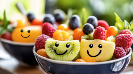 A vibrant display of fresh fruits with cheerful smiley faces, perfect for promoting healthy eating and joy at gatherings or celebrations.の素材