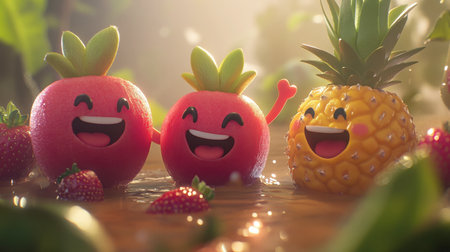Cheerful cartoon fruits enjoy a playful moment together in a vibrant nature scene, radiating joy and friendship amidst a whimsical and colorful environment.の素材