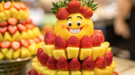 A fun and creative fruit tower featuring a smiling face made of a lemon, decorated with vibrant strawberries and pineapple. Perfect for parties!の素材