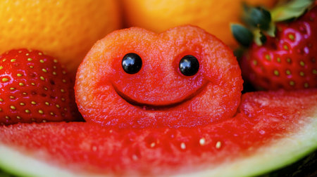 A whimsical smiling fruit character made from watermelon, surrounded by fresh strawberries and oranges, embodies joy and freshness perfect for healthy eating themes.の素材