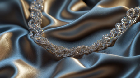 A close-up view of an elegant silver necklace resting on soft satin fabric. The luxurious textures and gentle draping create a stunning visual.の素材