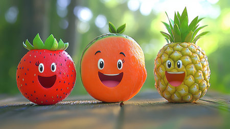 This vibrant image features cute cartoon fruits with smiling faces, perfect for children's content, healthy eating themes, and joyful illustrations.の素材