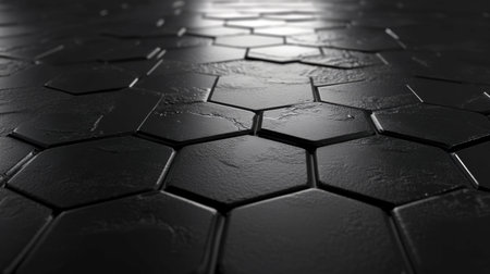 A close-up view of a sleek black hexagonal tile texture, perfect for modern backgrounds or artistic projects. The intricate design is ideal for various applications.の素材