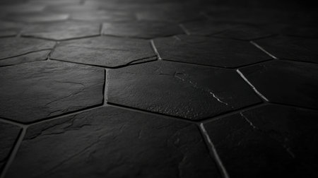 A dark textured background featuring hexagonal tiles, perfect for design projects. The intricate surface adds depth and style to various creative concepts.の素材