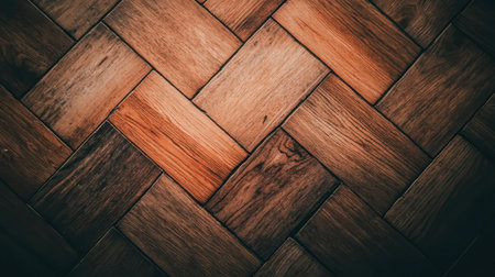 A closeup of a warm wooden herringbone pattern, perfect for enhancing interior design projects. The rich texture and tones add a rustic yet elegant touch to any space.の素材