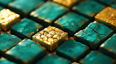 Close-up view of a vibrant mosaic featuring blue tiles with golden accents. The luxurious textures create a stunning visual impact for artistic projects.の素材