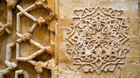 Explore the intricate decorative stonework on a historical wall, showcasing an exquisite blend of artistry and architectural heritage with detailed patterns and textures.の素材