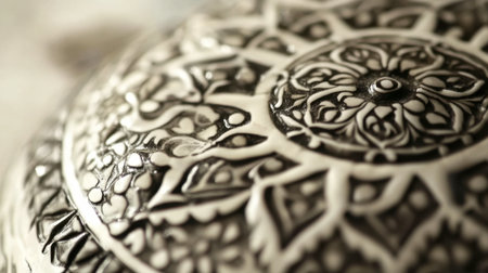 Close-up view of an ornate metal bowl featuring intricate patterns. This artistic piece highlights the beauty of craftsmanship and cultural artistry, perfect for various creative projects.の素材
