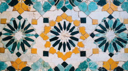 A vibrant geometric tile pattern featuring turquoise, yellow, and black elements. Ideal for backgrounds, design inspiration, or cultural projects.の素材
