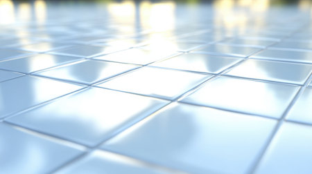 A close-up view of glossy white tiles reflecting soft light, creating a serene and modern atmosphere. Perfect for interior design and architectural presentations.の素材