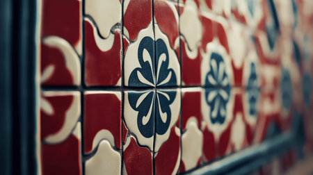 Close-up view of colorful decorative tiles featuring intricate floral patterns. This vibrant design showcases unique craftsmanship and artistic style, ideal for interior applications.の素材