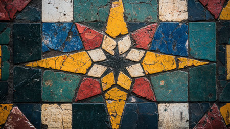 Vibrant mosaic star pattern crafted from vintage tiles, showcasing intricate design and colorful elements. Ideal for art, interior, or design projects.の素材