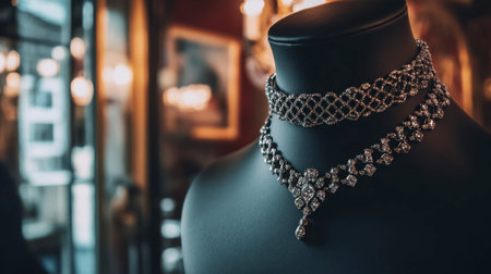 A striking display of elegant silver necklaces on a black mannequin, highlighting intricate designs and sparkling gemstones in a luxurious setting.の素材