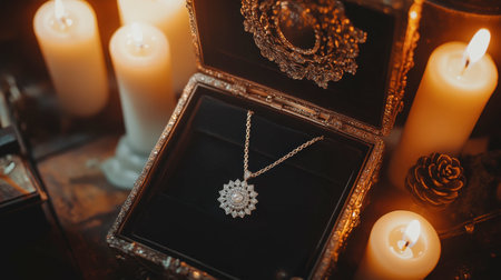 A stunning necklace resting in a vintage jewelry box surrounded by glowing candles. This elegant display captures a romantic and luxurious atmosphere, perfect for showcasing beauty.の素材
